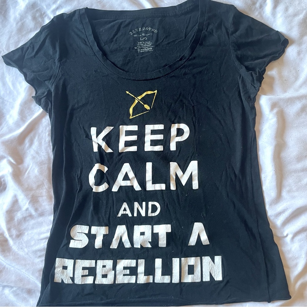 Black Graphic Tee with Hunger Games Inspired Print